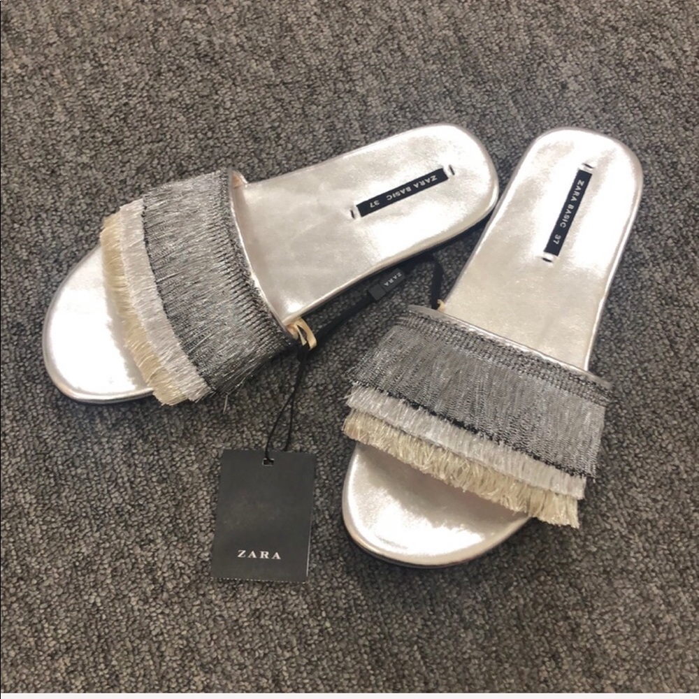 Zara silver metallic fringe slides mules size 6.5